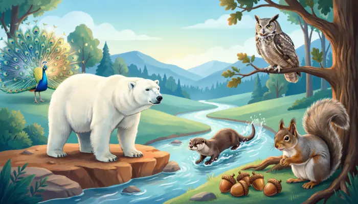 Illustration of forest animals gathered around a mountain stream