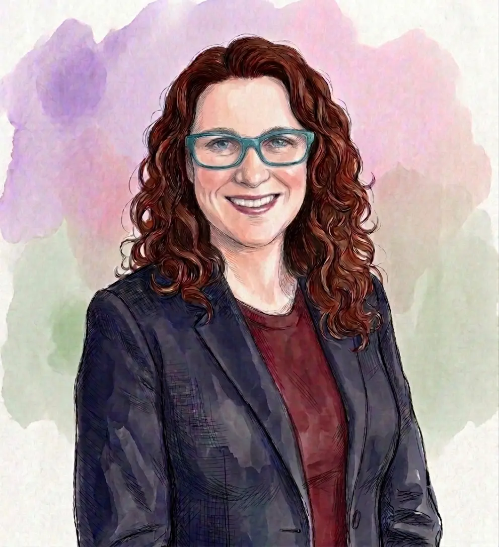 A stylized portrait of Rebecca, the founder of Bloom Off the Rose, with curly brown hair, teal glasses, a dark blazer, and a maroon shirt against a soft watercolor background.