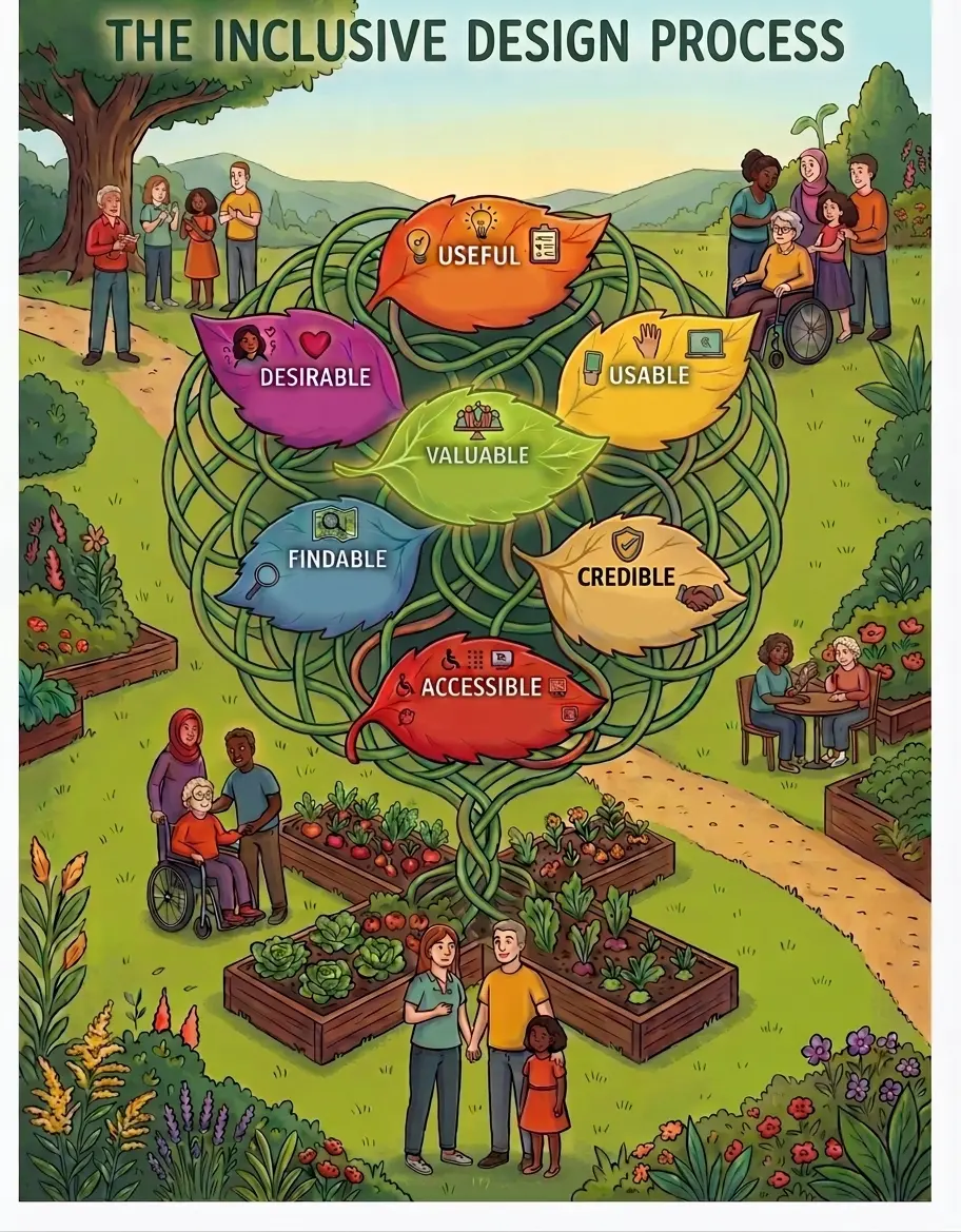 A vibrant infographic titled 'The Inclusive Design Process' featuring seven colorful, interconnected leaves: Useful, Desirable, Valuable, Usable, Findable, Accessible, and Credible. Each leaf has descriptive icons and text. Surrounding the leaves is a lush garden scene with diverse people of all ages and abilities, including wheelchair users, collaborating and enjoying the space.